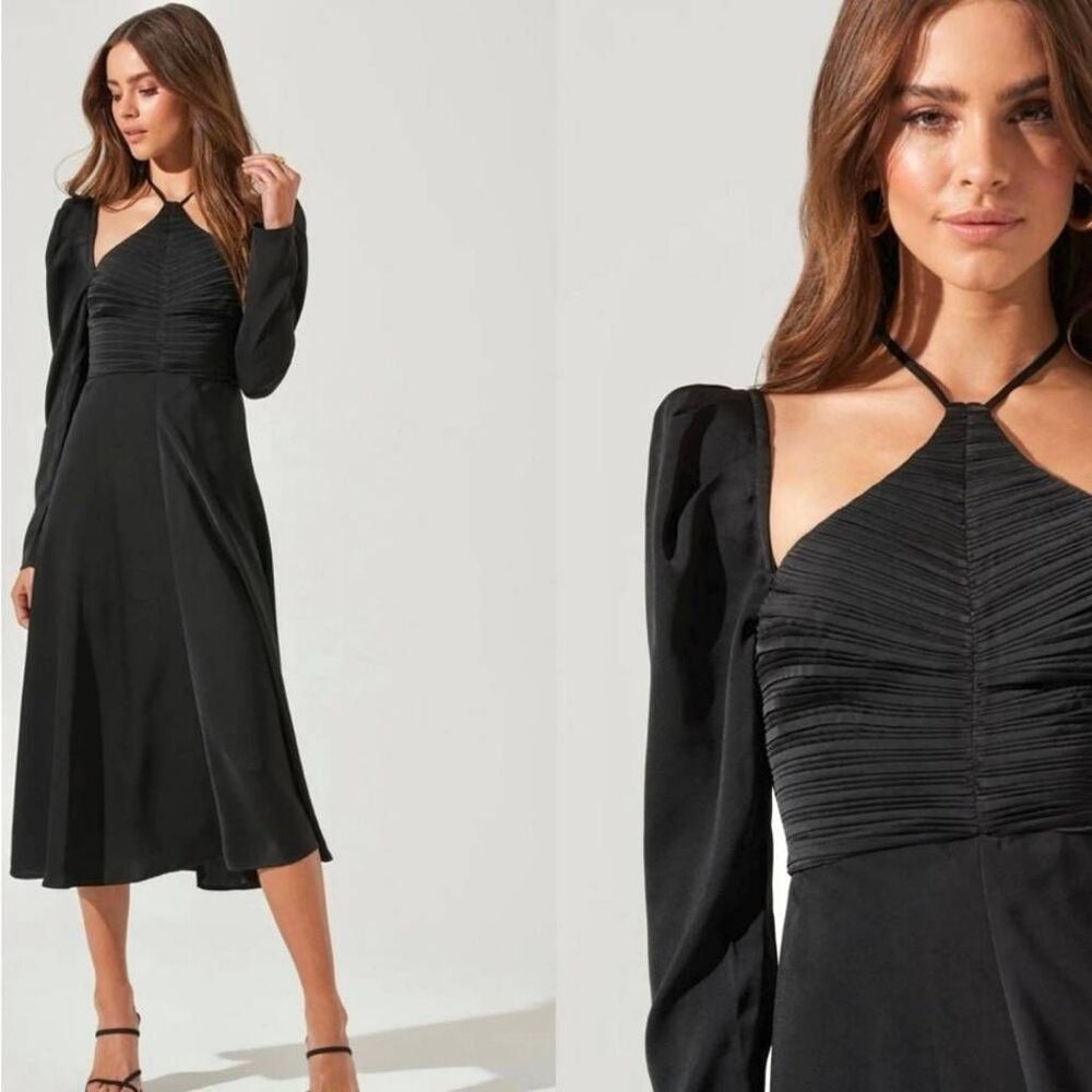 ASTR The Label Cinched Halter Tie Midi Satin Dress Black Femme Party Chic
